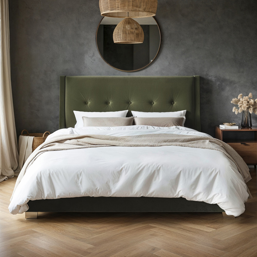 Flair Artemis King Size Khaki Velvet Cushioned Headboard Ottoman Bed Image 5