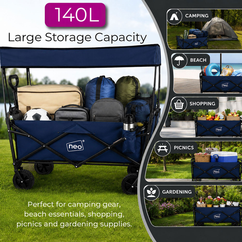 Neo Direct 140L Navy Heavy Duty Folding Garden Trolley Cart with Canopy Image 6