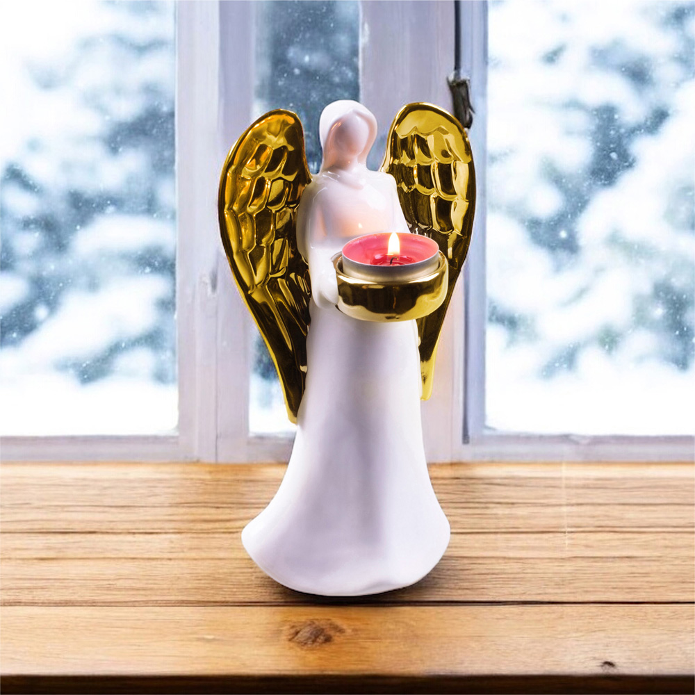St Helens Gold Wings Standing Ceramic Angel Tealight Holder Image 2