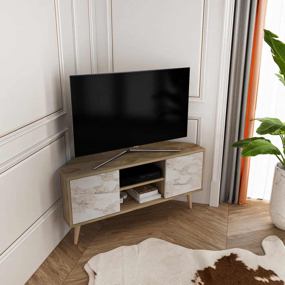Decorotika Lesson 2 Door 2 Shelf Oud and White Marble Effect Corner TV Stand Image 7