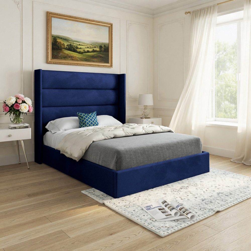 Nuno Blue King Size Velvet Upholstered Bed Frame with Straight Winged Headboard Image 5
