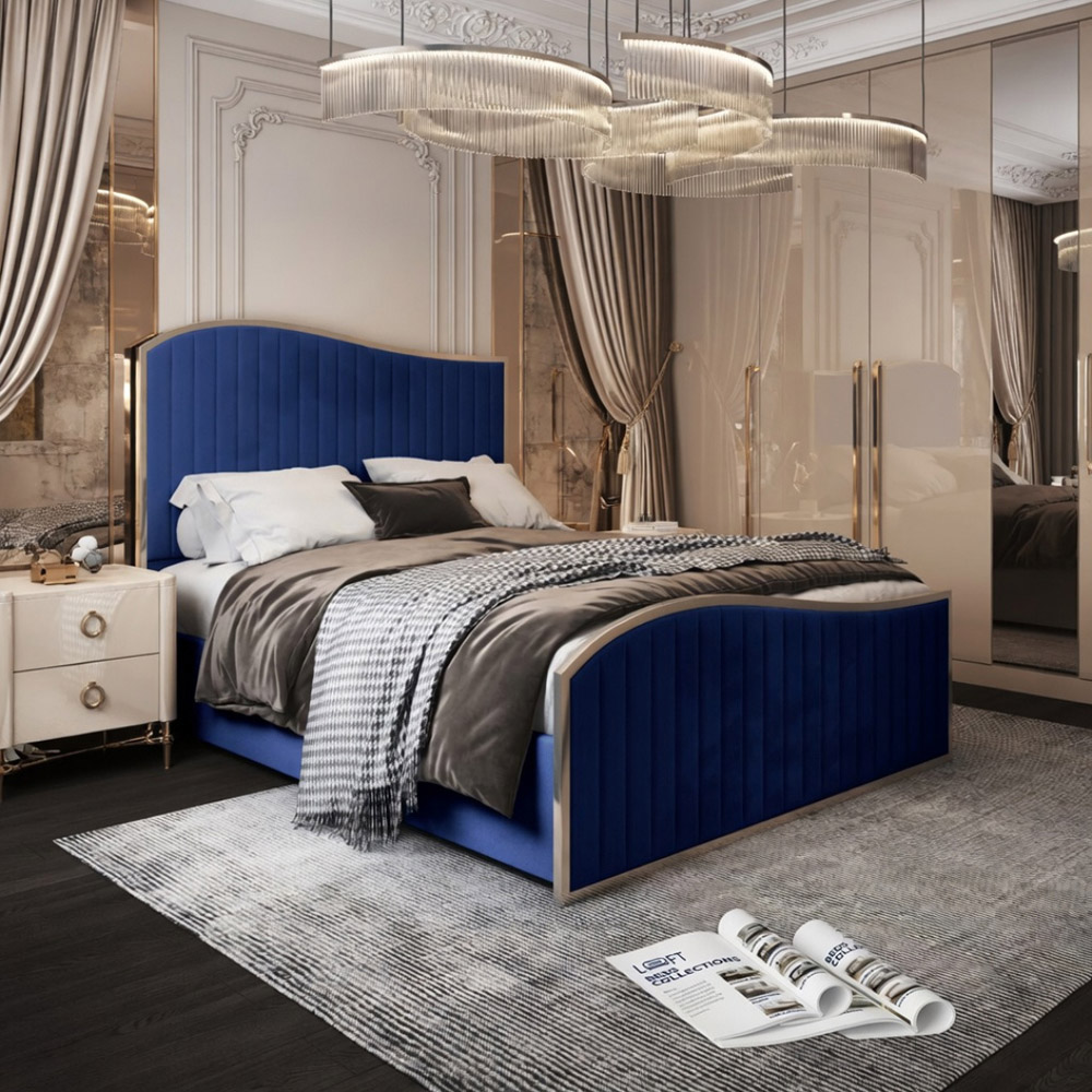 Brixton Blue Double Velvet Upholstered Metal Bed Frame with Wave Headboard Image 5