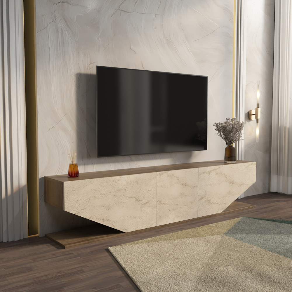 Decorotika Pearl 3 Door Walnut and Traverter Modern TV Unit Image 4