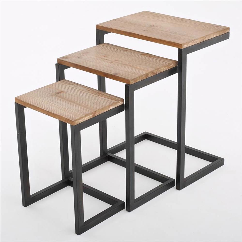 FWStyle Oak Effect and Blue Metal Nest of Table Set of 3 Image 2