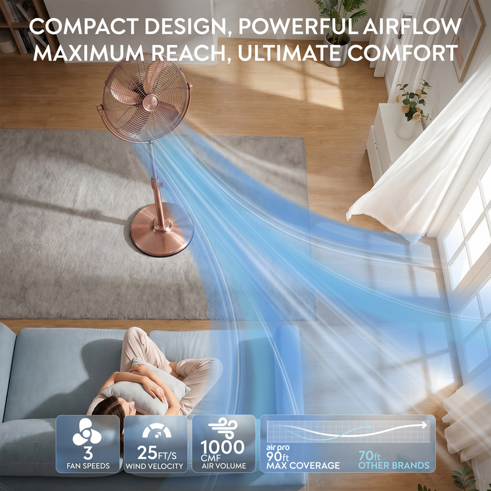 Air Pro Copper Brushed Height Adjustable Oscillating Standing Pedestal Fan 16 inch Image 7