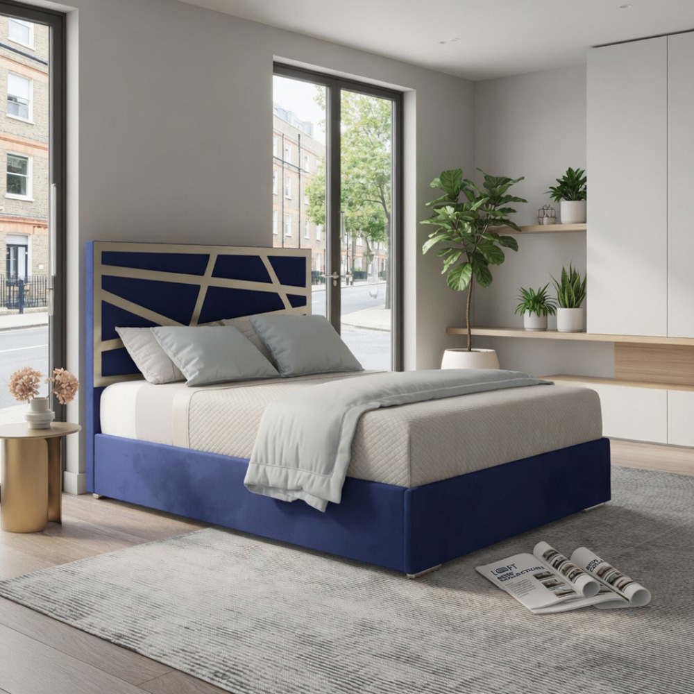 Arabella Blue Super King Size Velvet Upholstered Metal Bed Frame with Panelled Headboard Image 5