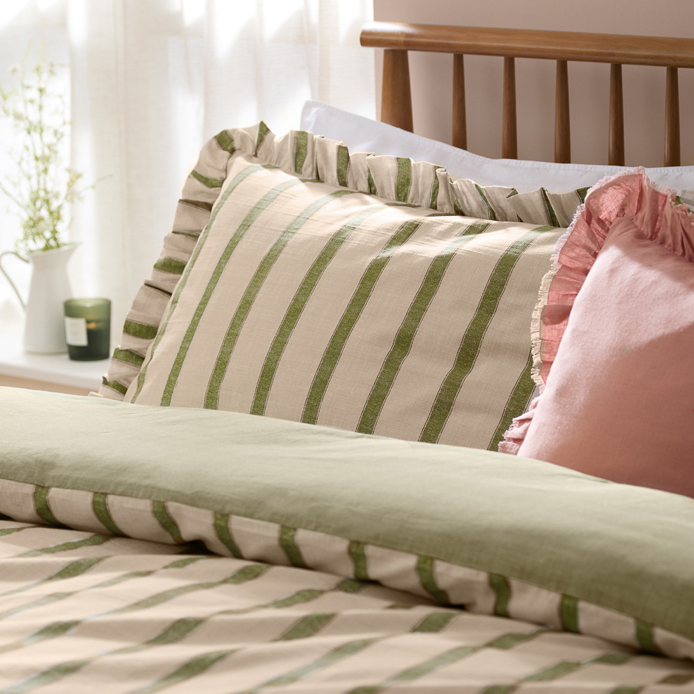 Wylder Nature Connie Olive King Size Striped Ruffle Duvet Set Image 2