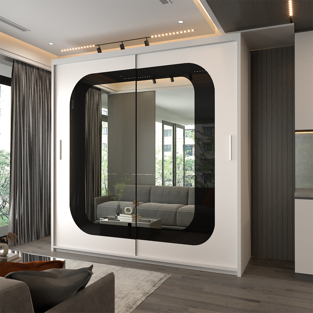 Sliding Wardrobes 4U Chelsea 2 Door White and Black Wide Central Curved Mirrored Wardrobe Image 3