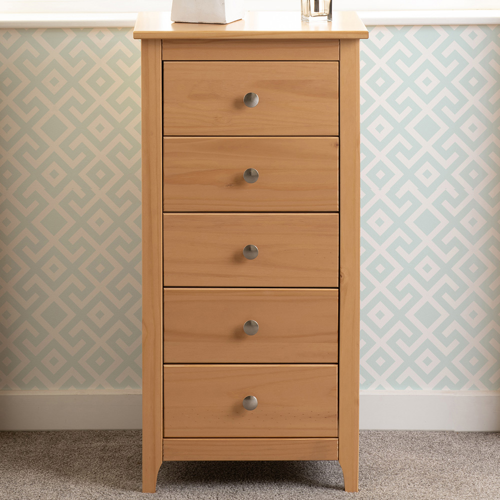 Seconique Oslo 5 Drawer Antique Pine Narrow Chest of Drawers Image 1
