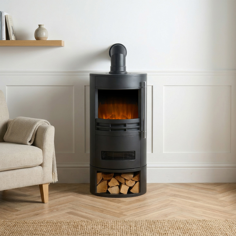 Sureflame Dunston Black Round Electric Stove with Log Storage and Angled Stove Pipe Image 8