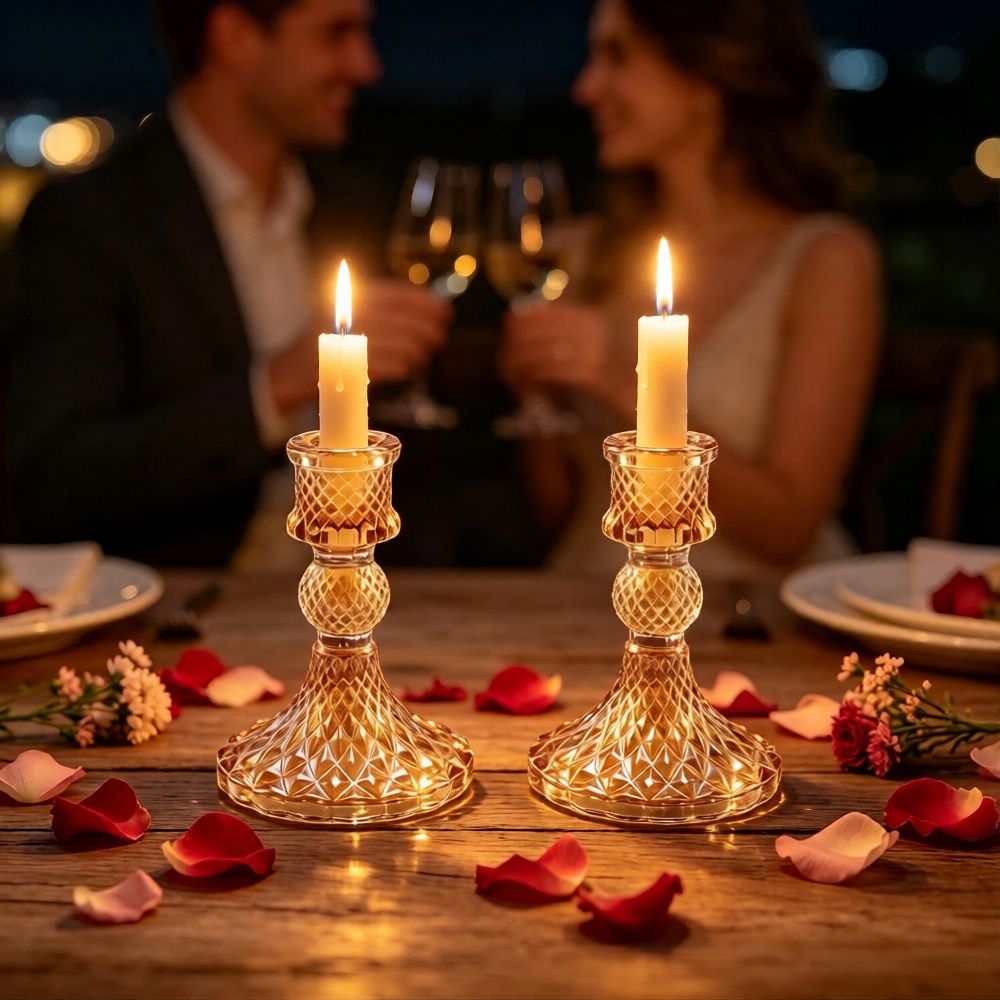 Living and Home Amber Glass Candlestick Holder Set of 2 Image 2