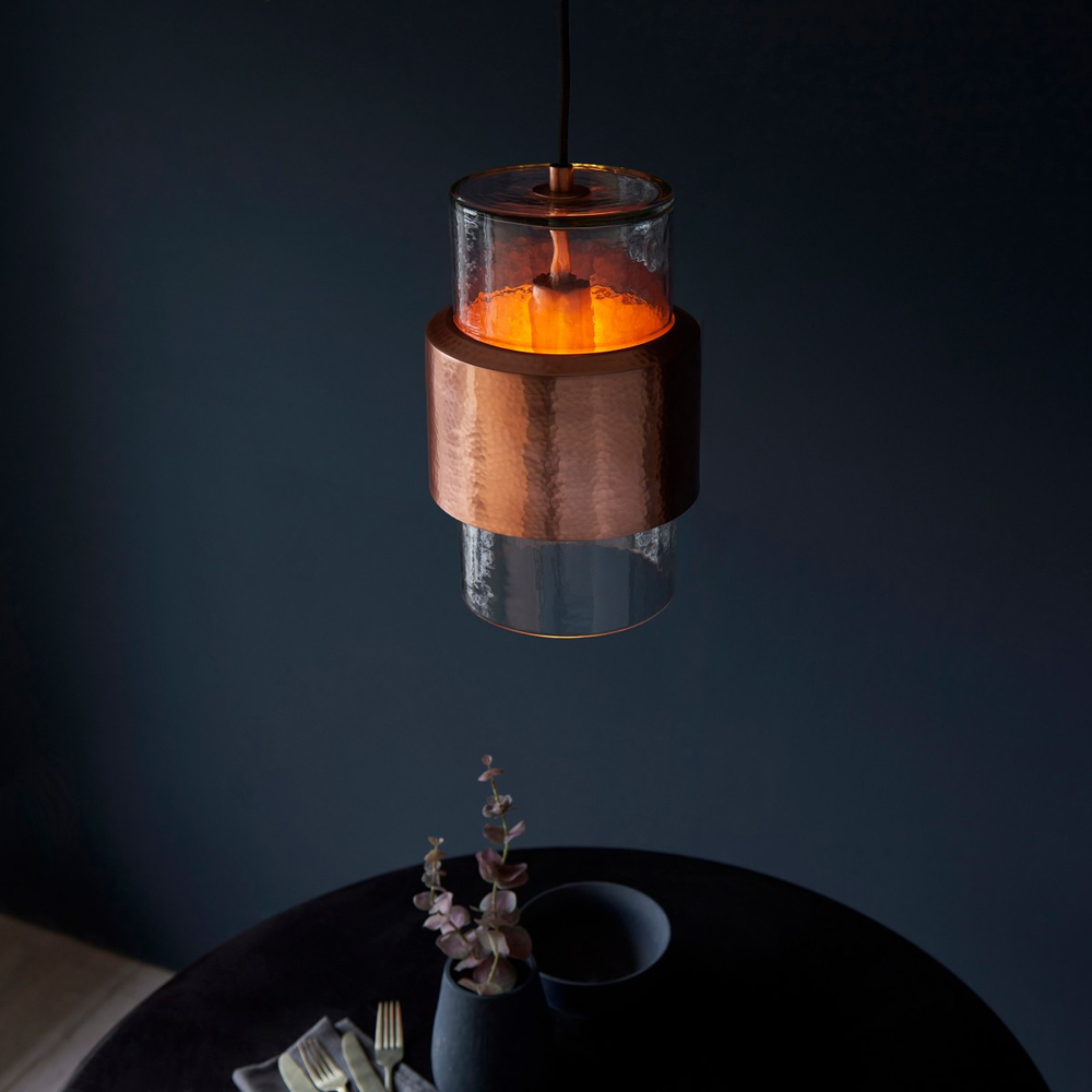 Merano Palermo Hammered Copper Plate with Textured Clear Glass Pendant Ceiling Light Image 5