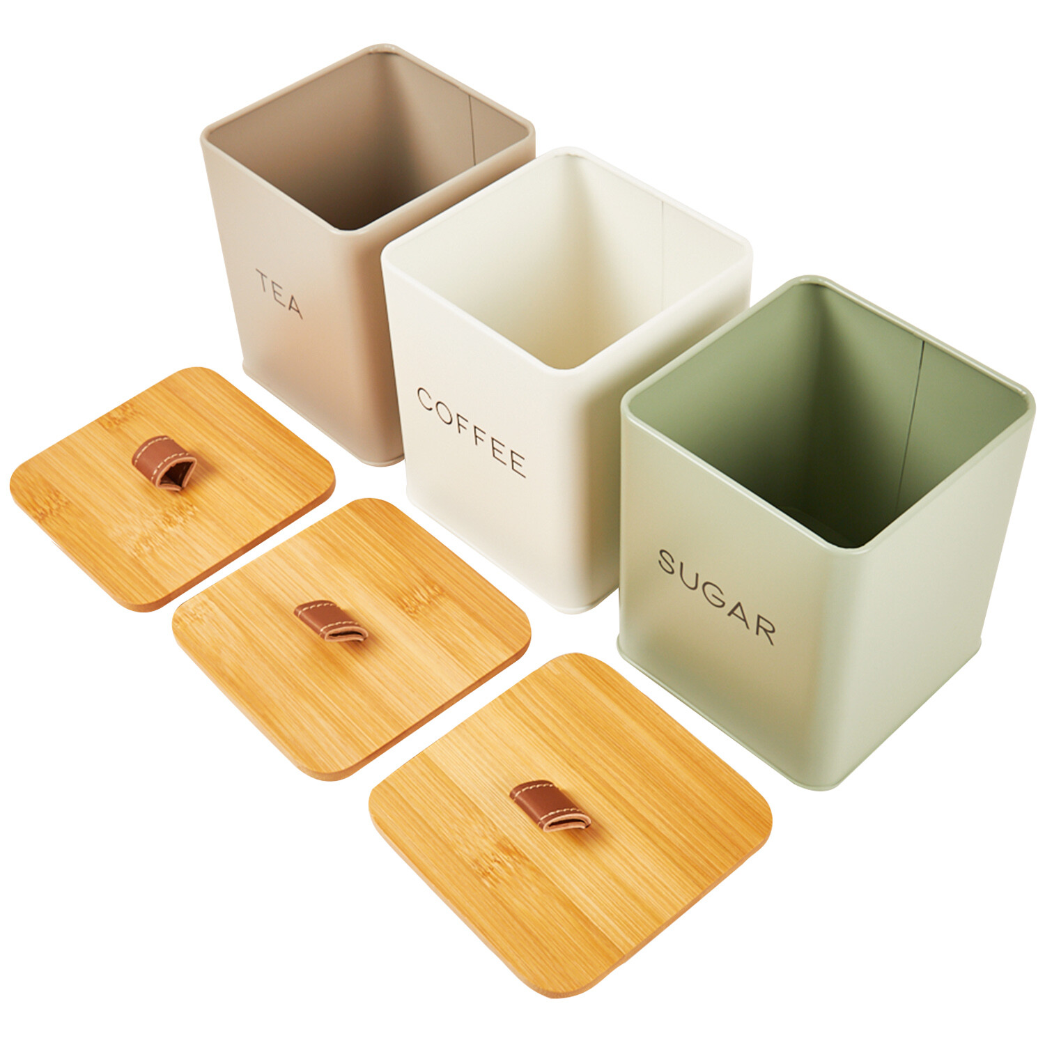 Set of 3 Neutral Canisters with Leather Handles - Multicolour Image 8