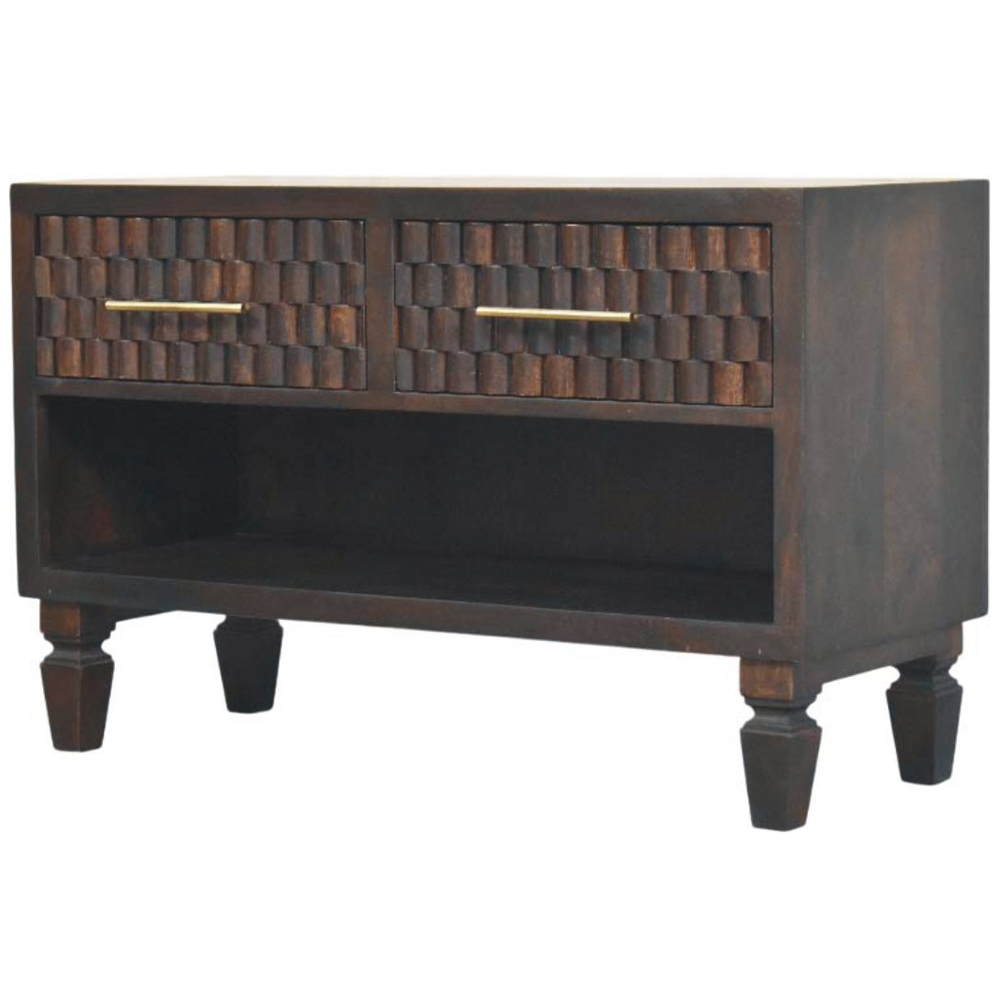 Artisan Furniture Cadiz Carved Velvet Mocha 2 Drawer Single Shelf  Mango Wood Shoe Storage Bench Image 3