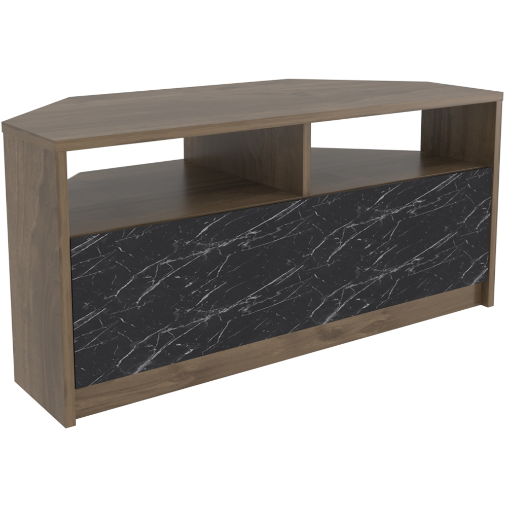 Decorotika Comero 2 Shelf 2 Door White and Black Marble Effect Corner TV Unit Image 2