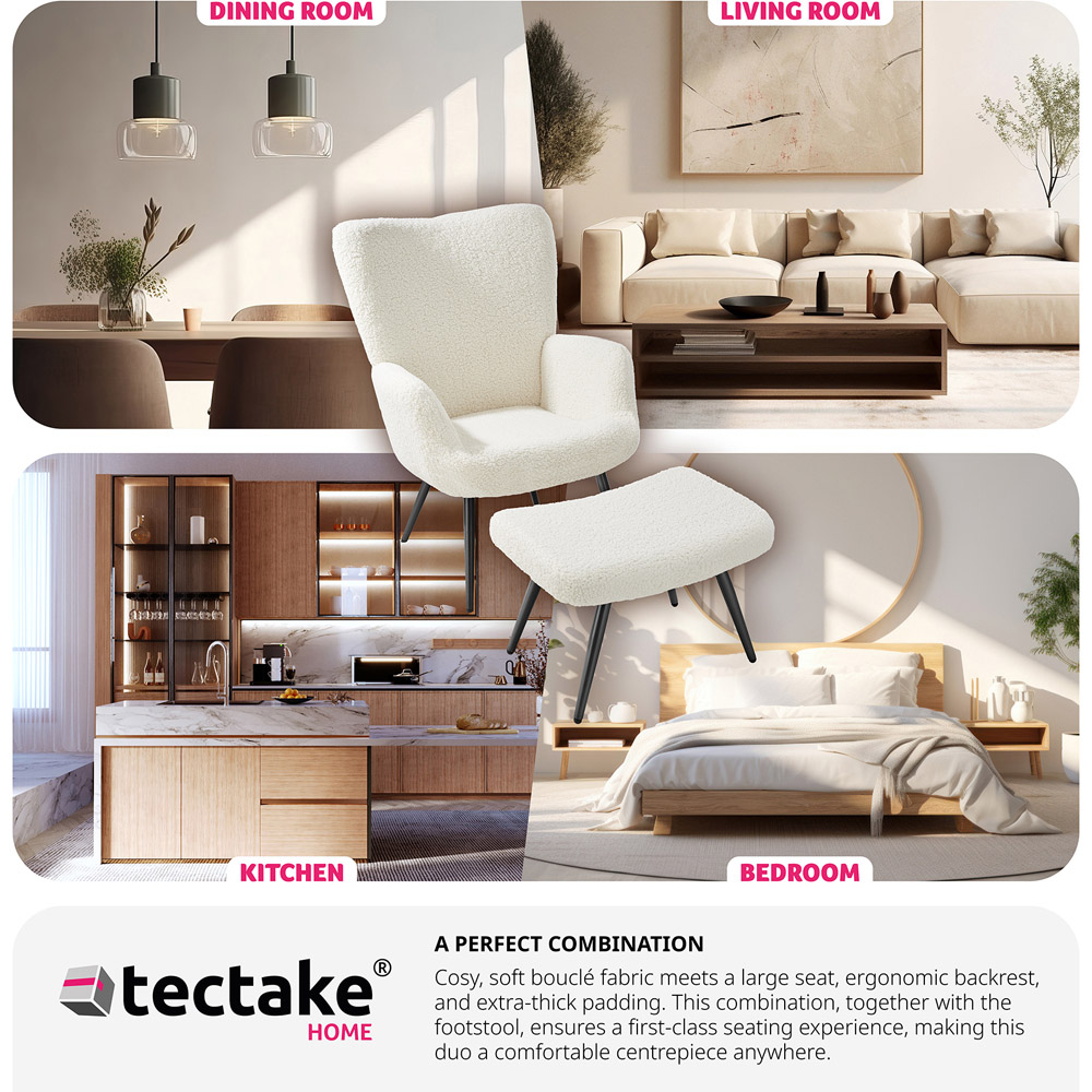 tectake Hygge Cream and Black Boucle Padded Armchair with Stool Image 7