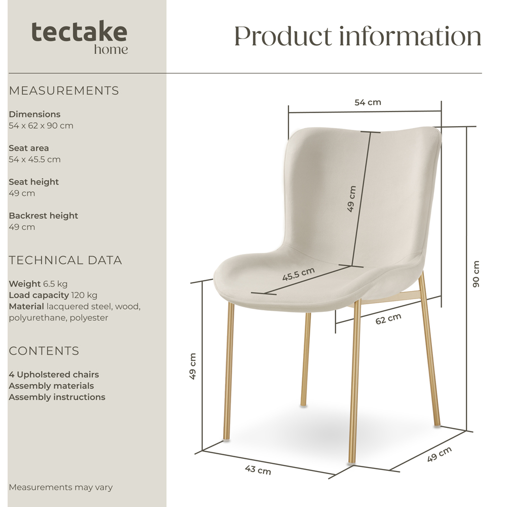 tectake Tessa Set of 4 Beige and Gold Velvet Padded Dining Chair Image 9