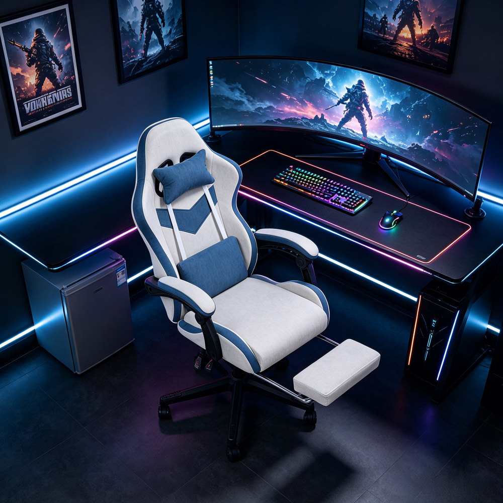 Living and Home Grey and Blue Fabric Gaming Chair with Footrest Image 7
