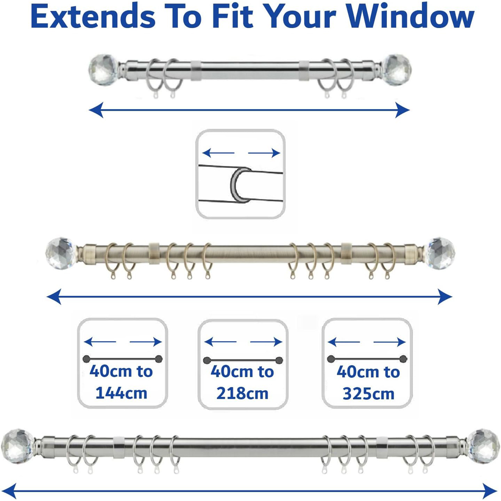 Home Treats 40 to 218cm Extendable Black Nickel Metal Crystal Curtain Pole Image 8