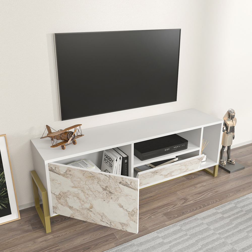 Decorotika Utopie Single Drawer Single Door 2 Shelf White and White Marble Effect TV Unit Image 5