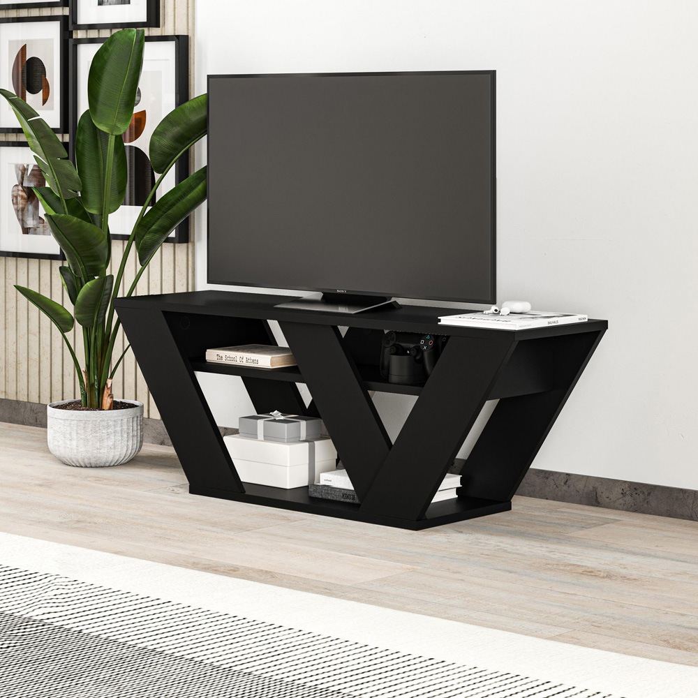 Decortie Pipralla 2 Shelf Black Bute Effect Modern TV Unit Image 4