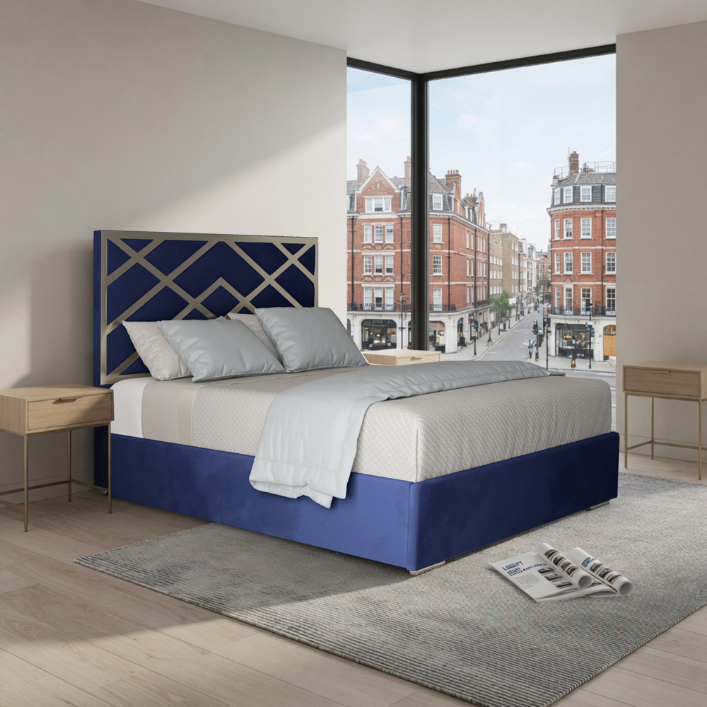Mayfair Blue Super King Size Velvet Upholstered Metal Bed Frame with Panelled Headboard Image 5