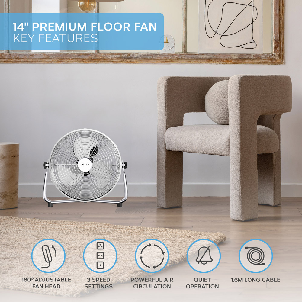 Air Pro Silver Chrome 3 Speed Powerful Air Cooling and Circulating Floor Fan 14 inch Image 7
