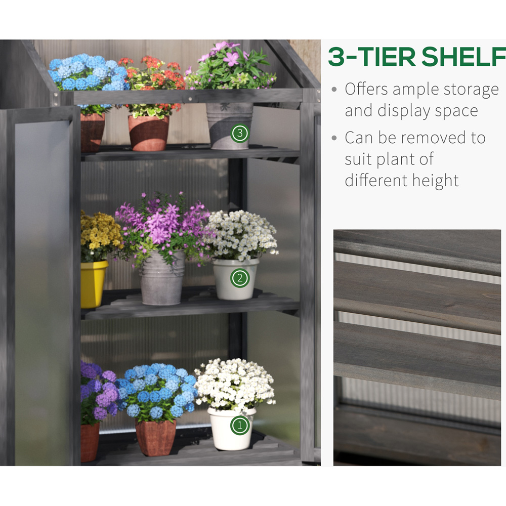 Outsunny 3 Shelf Grey Wooden Polycarbonate 2.2 x 1.6ft Cold Frame Greenhouse Image 6