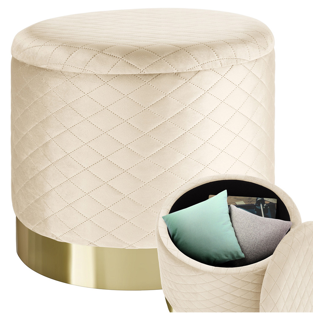 tectake Coco Cream Velvet Look Quilted Padded Round Stool with Storage Image 2