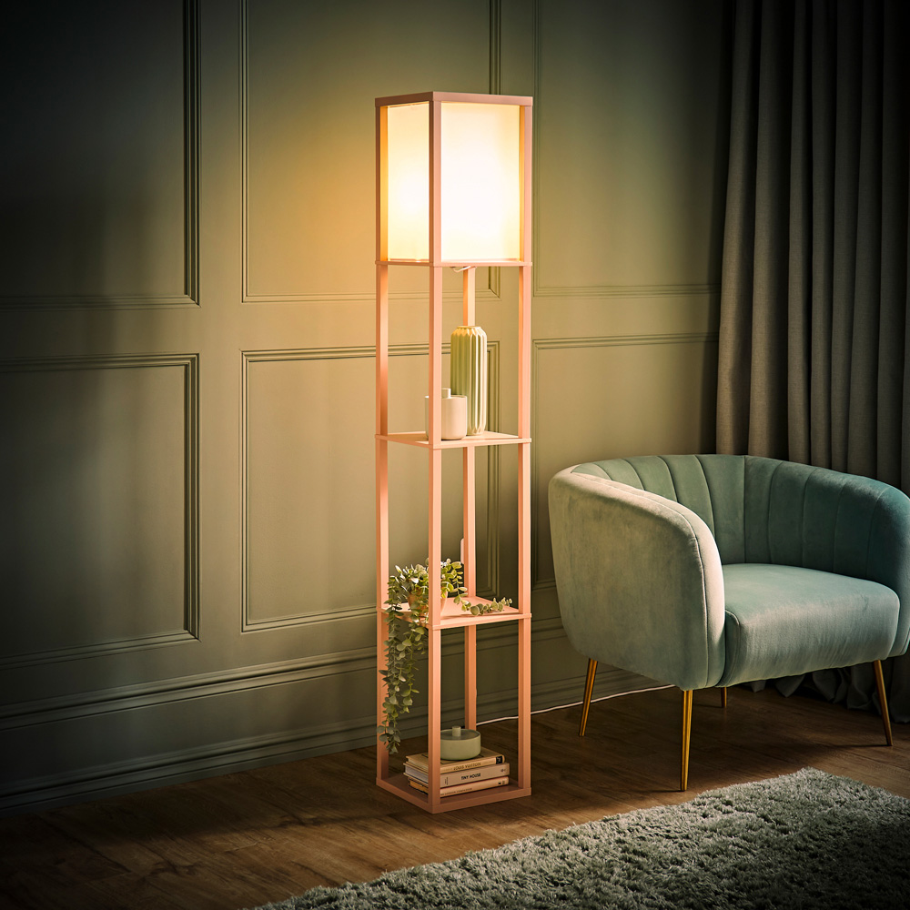 ValueLights Struttura Fabric Shade Pink Shelving Unit Floor Lamp with Bulb Image 6