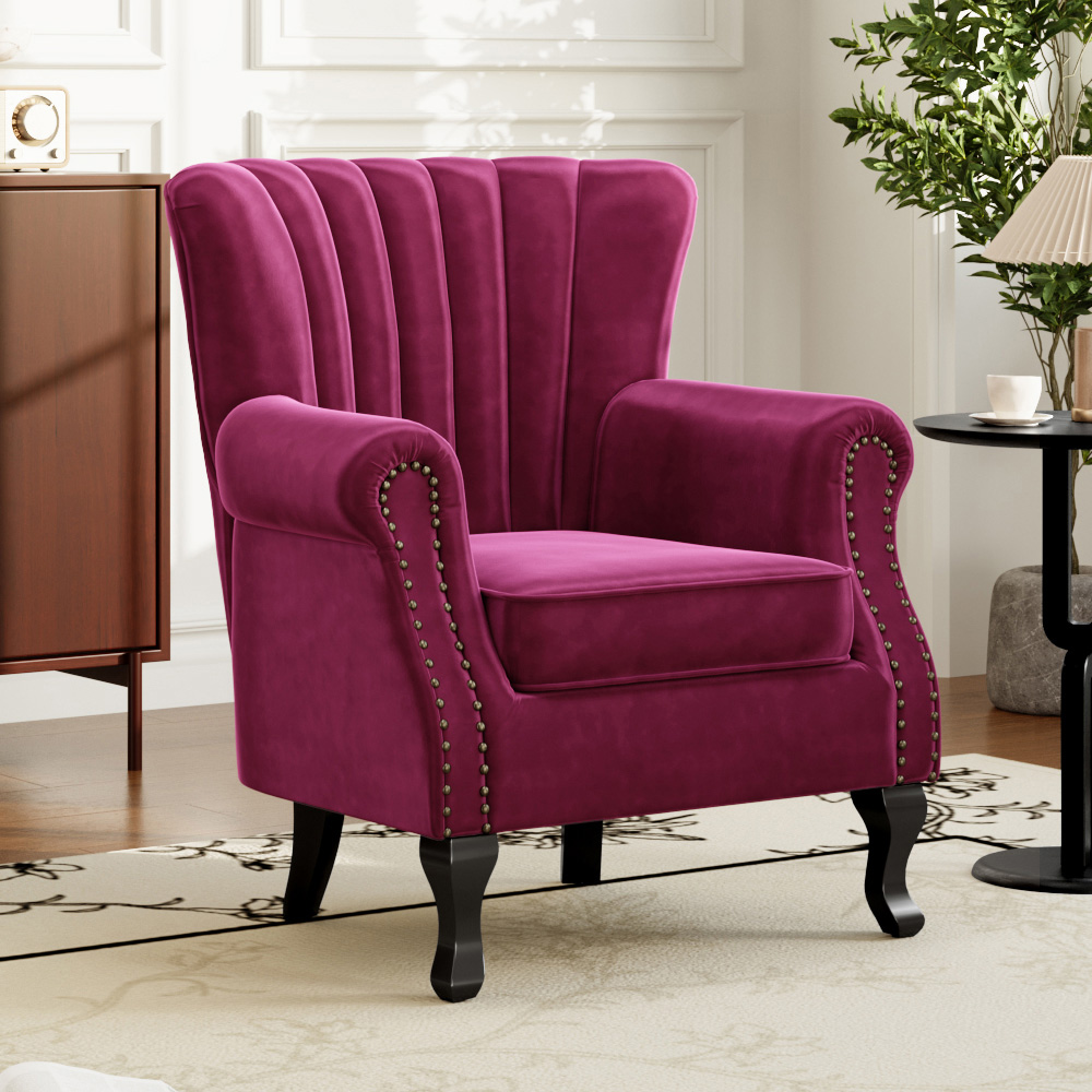 Living and Home Vintage Wine Red Velvet Wingback Armchair with Studs Image 8