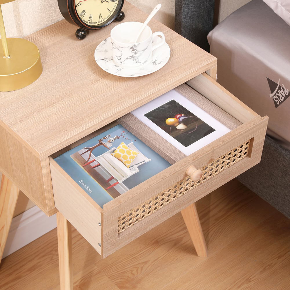 FurnitureHMD Single Drawer Natural Rattan Weaving Side Table with Pine Wood Legs Image 6