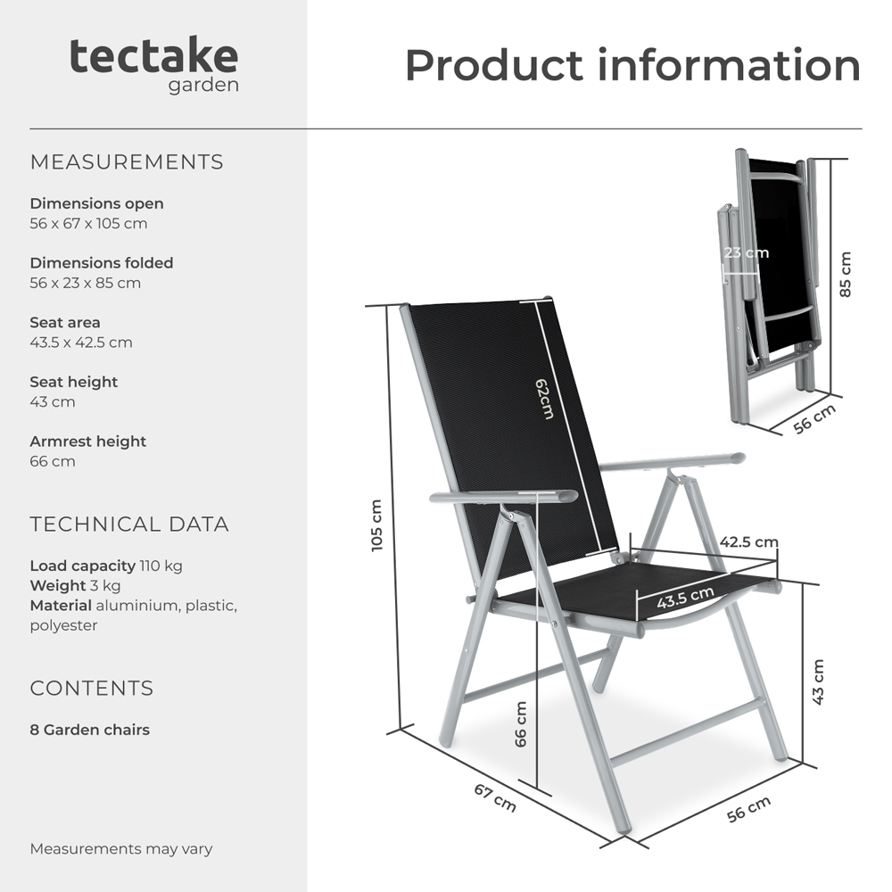 tectake Marilena Set of 8 Silver Adjustable Garden Chair Image 9
