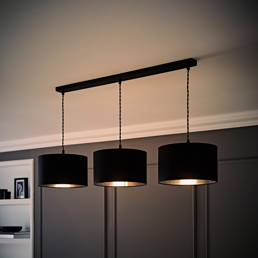 ValueLights Reni Black and Chrome Drum Shade 3 Drop Bar Black Diner LED Ceiling Light Image 6