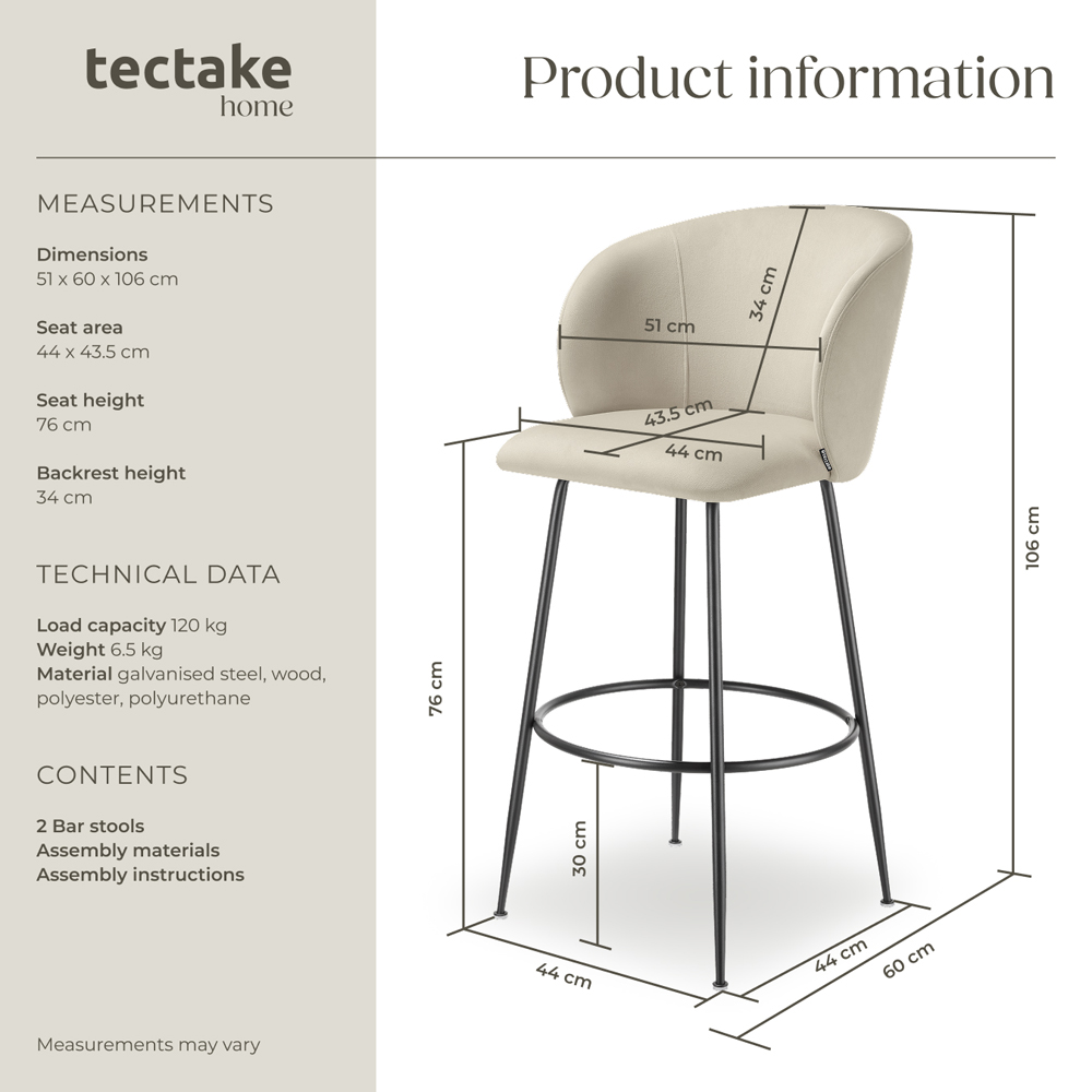 tectake Luana Cream and Black Velvet Look Padded Bar Stool Set of 2 Image 8