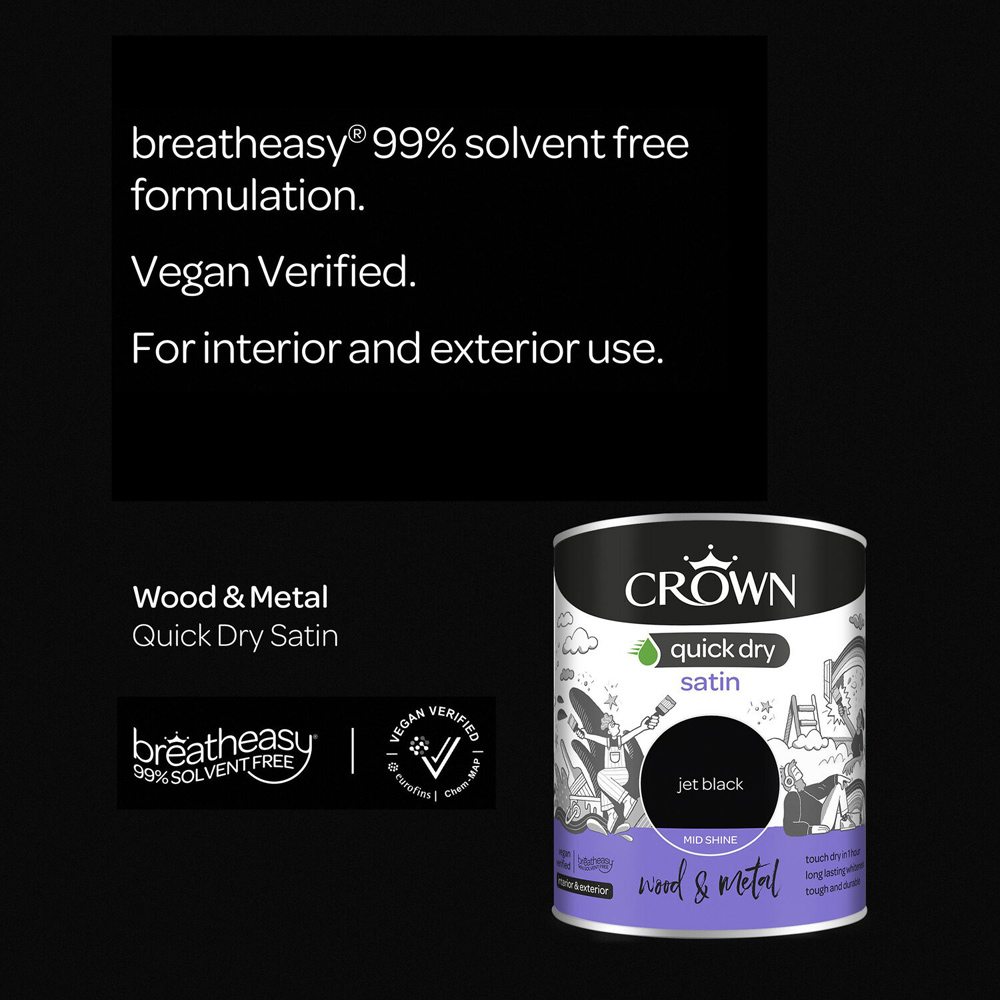 Crown Quick Dry Jet Black Satin Wood and Metal Paint 750ml Image 5