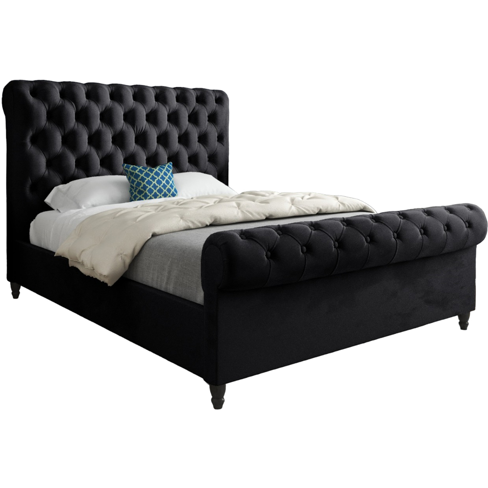 Sienna King Size Black Soft Velvet Upholstered Sleigh Bed Frame with Scrolled Headboard Image 2