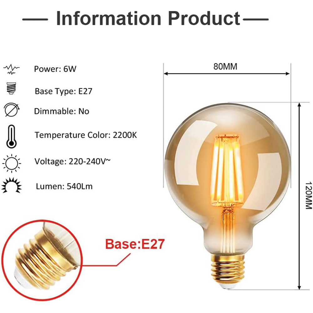 ExtraStar 2 Pack E27 6W Warm Amber G80 Filament LED Light Bulb Image 5