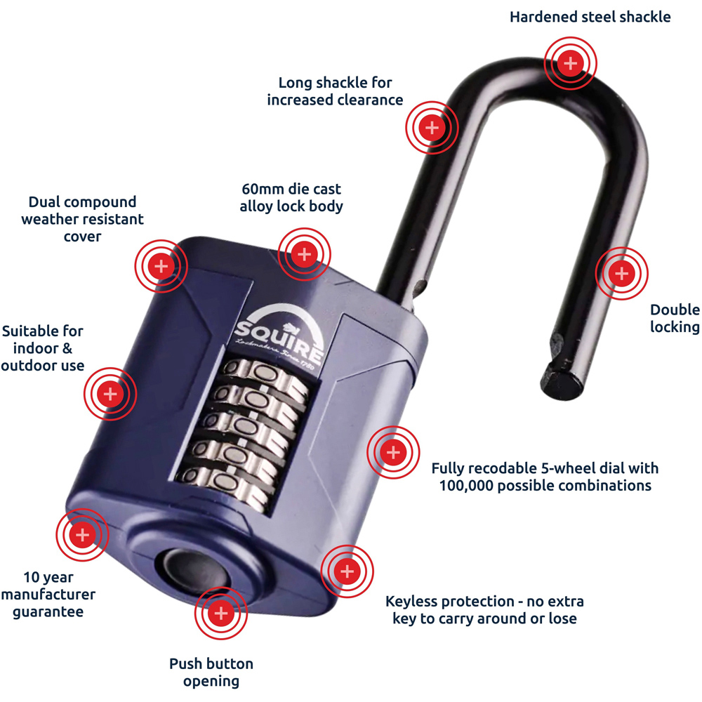 Squire 60mm 5 Wheel Combination Extra Long Shackle Padlock Image 5