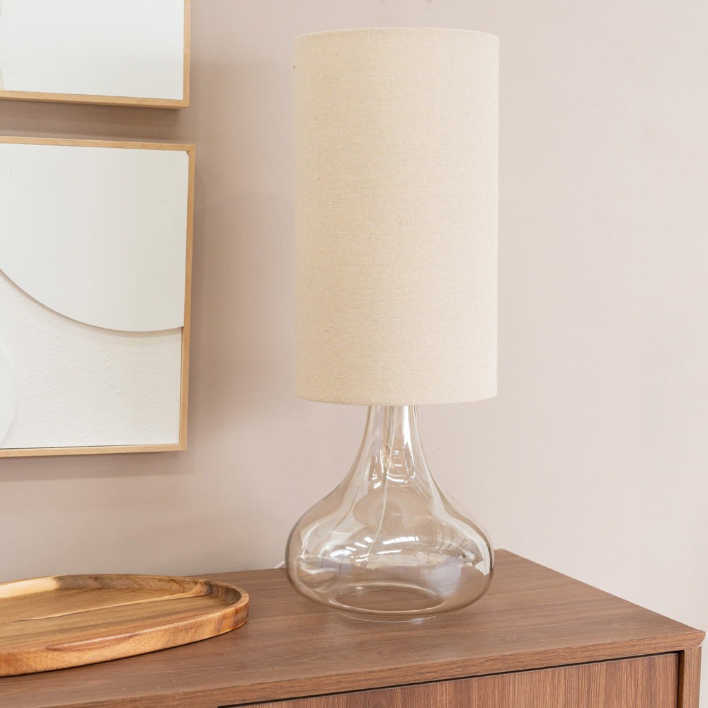 ValueLights Sylvie Natural Linen Tall Lamp Shade Amber Glass Squat LED Table Lamp Image 2