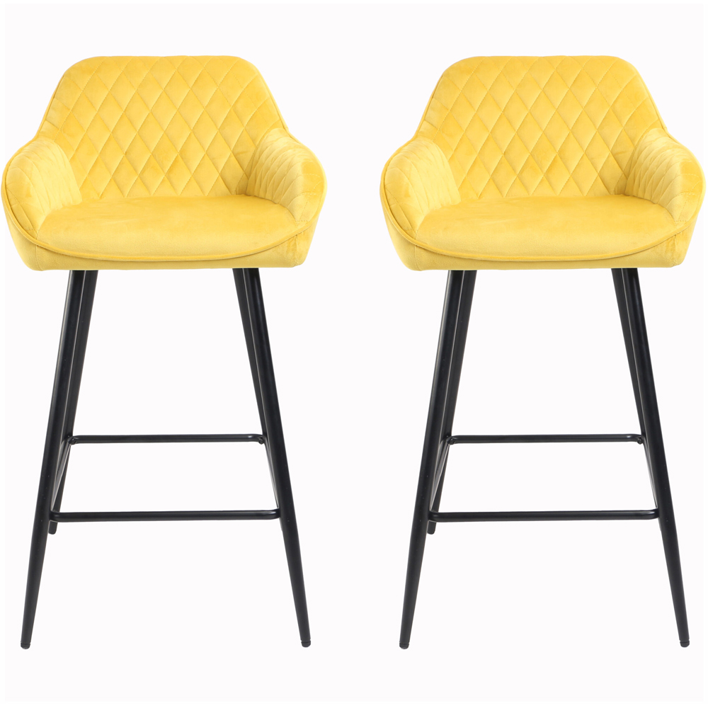 Neo Yellow Crushed Velvet Diamond Quilted Bar Stool Set of 2 Image 2