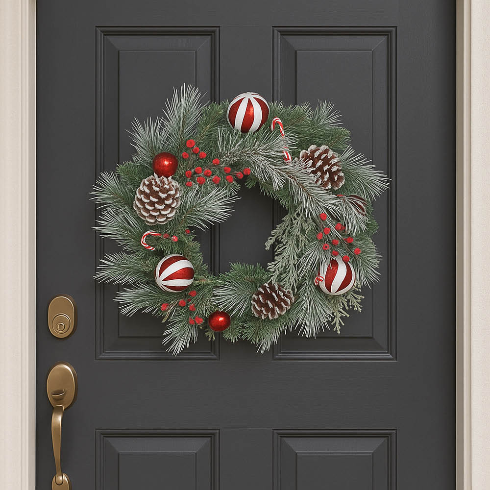 YouGarden Candycane Christmas Wreath with Pinecones Baubles and Frosted Berries 55cm Image 2