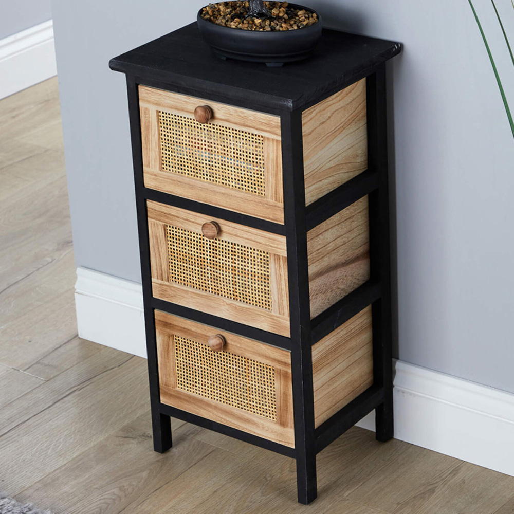 Home Source Mosina 3 Drawer Black and Rattan Solid Wooden Storage Unit Image 1