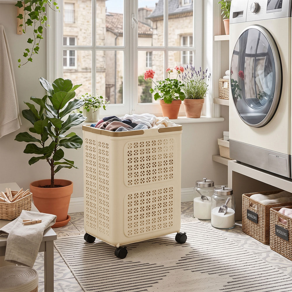 Living and Home Cream and Khaki Foldable Laundry Basket with Wheels 42 x 31 x 55cm Image 7