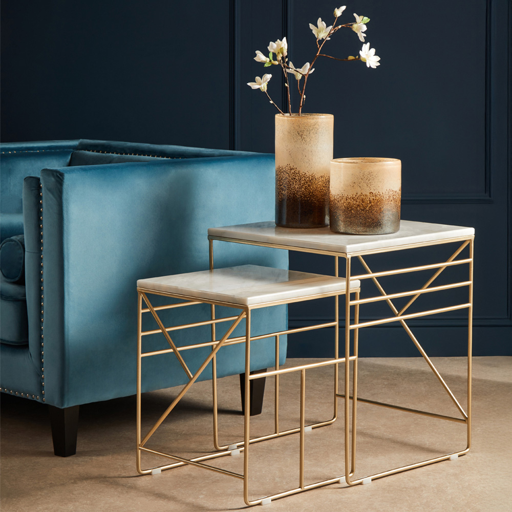 Premier Housewares Avantis Gold and White Marble Top Square Nest of Side Tables Set of 2 Image 2
