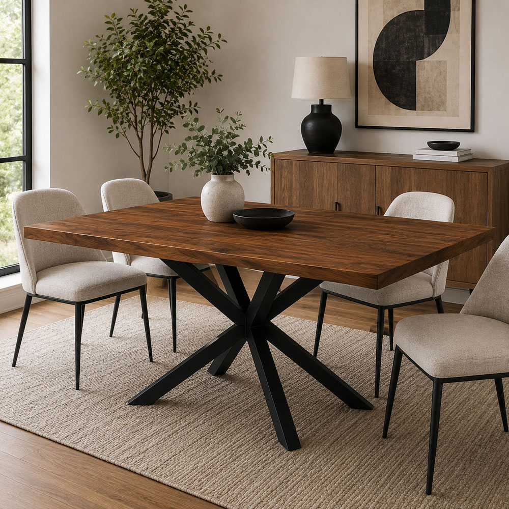 Homebase Sleek and Slender Walnut Brown 6 Seater Dining Table with Spider Leg Image 1