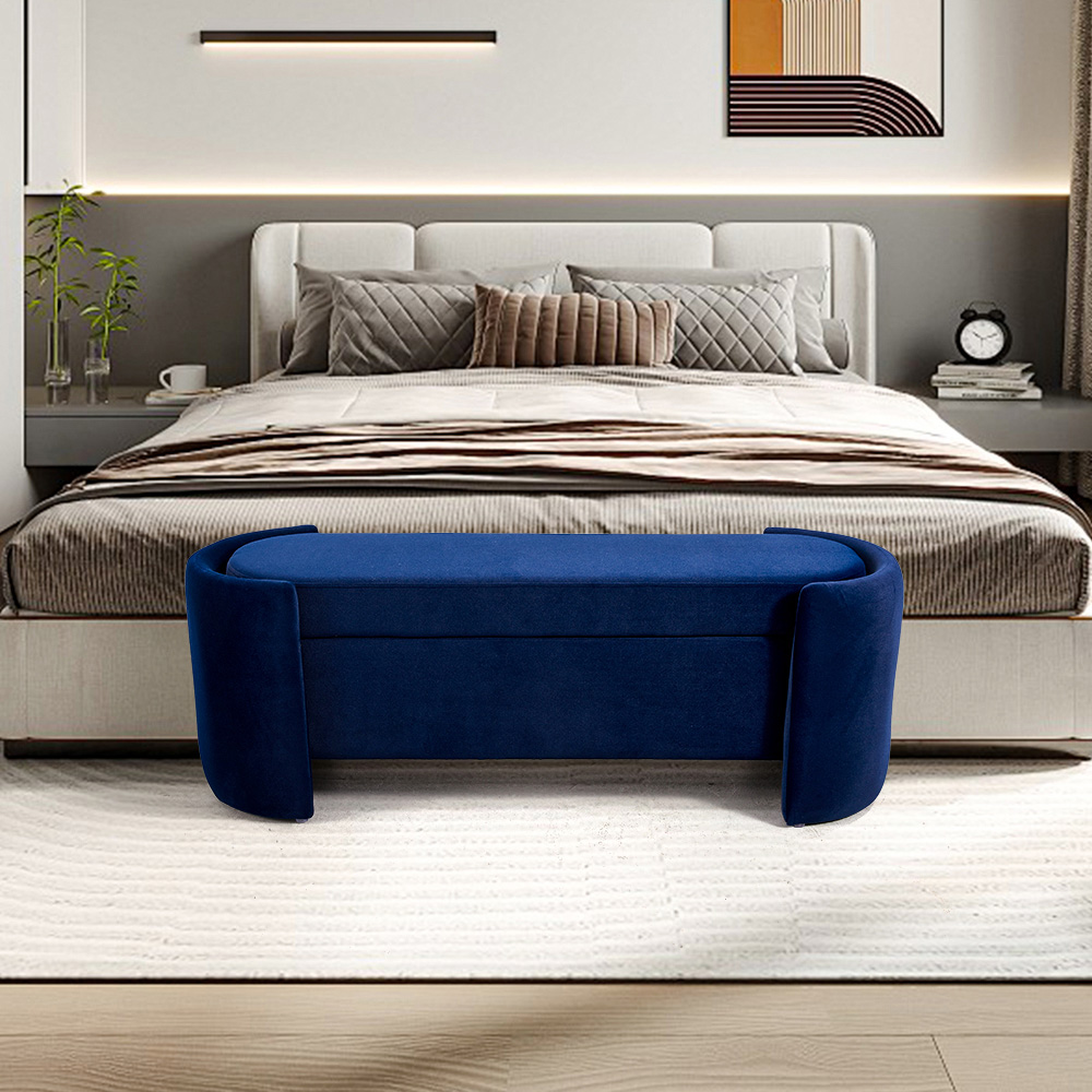 Living and Home 2 Seater Blue Velvet Ottoman Bench Image 8