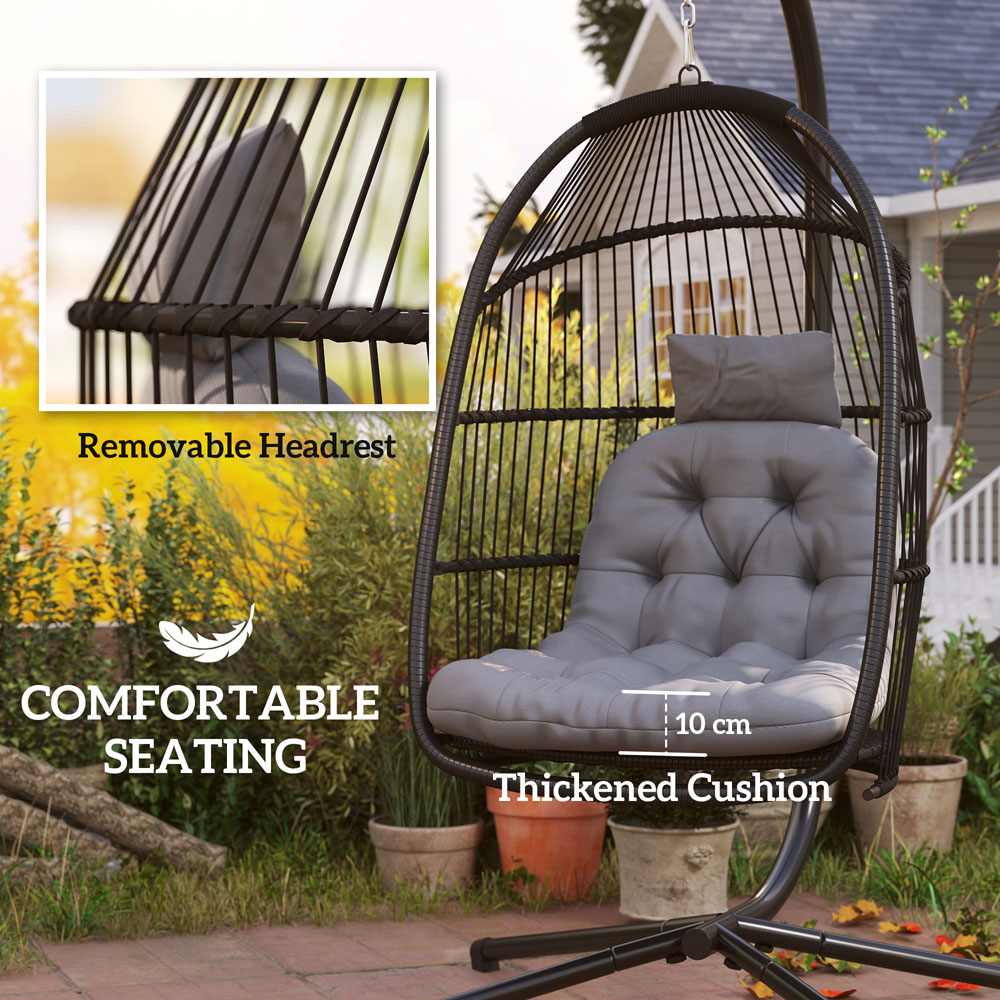 Outsunny Dark Grey Rattan Hanging Egg Chair with Stand and Cushion Image 5