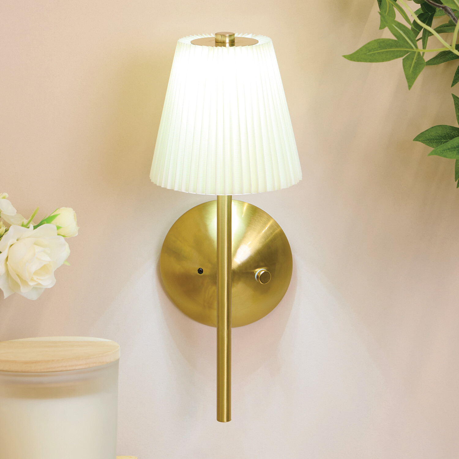 Battery Operated Pleated Wall Light Cream and Gold Image 5