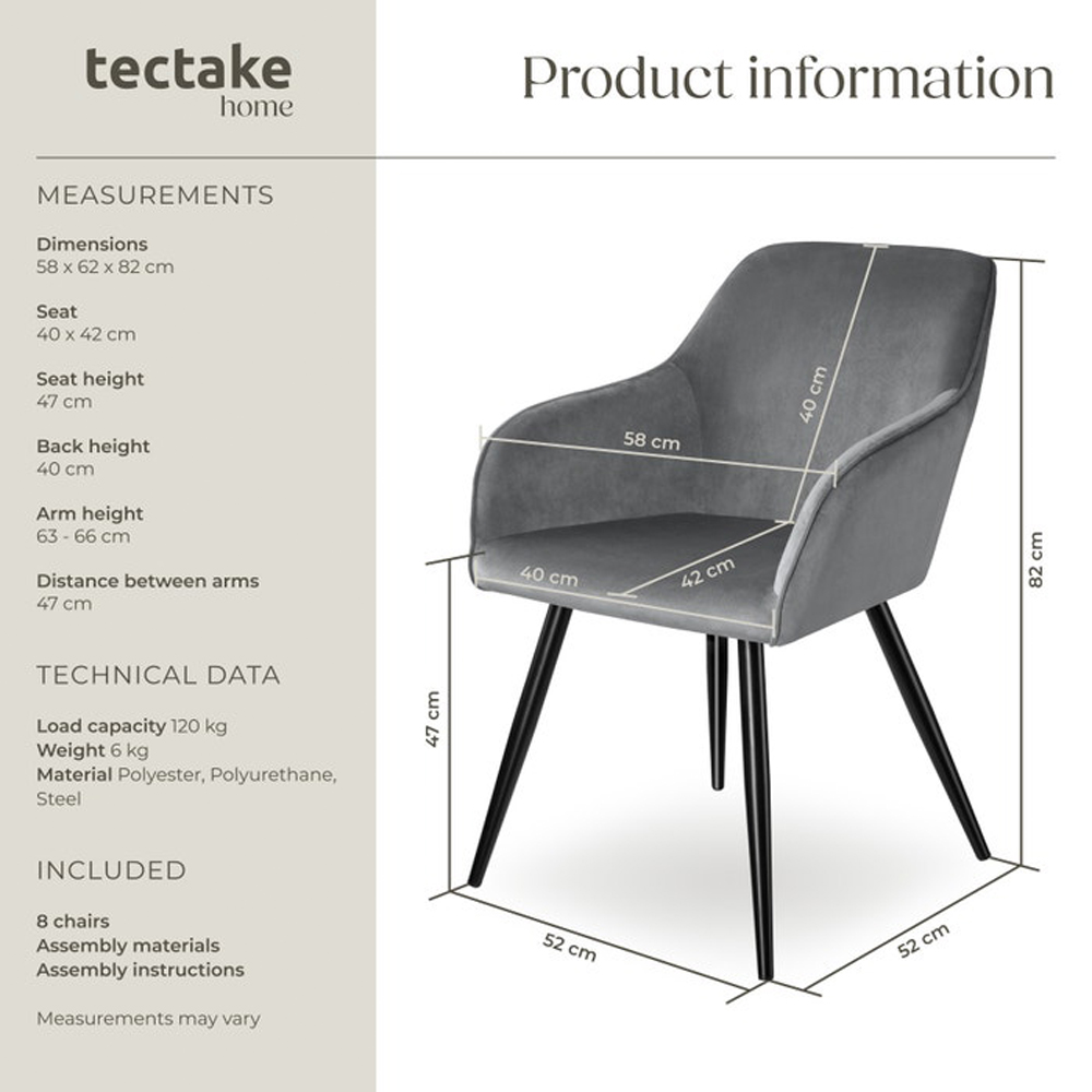 tectake Marilyn Set of 8 Grey and Black Velvet Padded Dining Chair Image 8